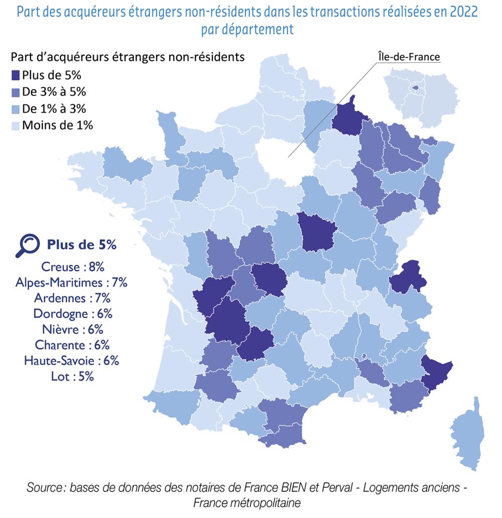 Part des acquéreurs étrangers non-résidents dans les transactions réalisées en 2022 par département